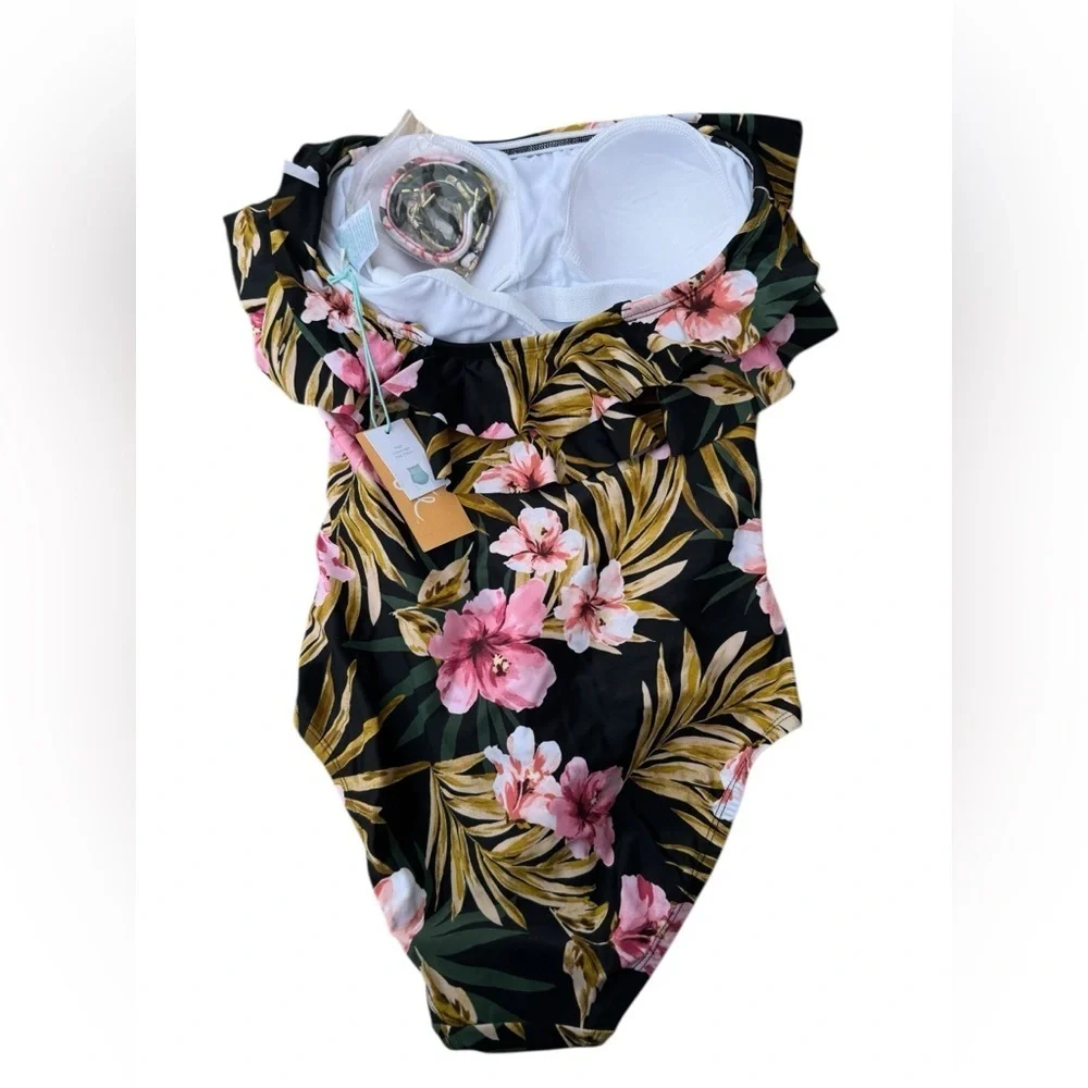 KONA SOL Strapless Double Flounce High Coverage One Piece Swimsuit (Size S) -NEW - Picture 2 of 6